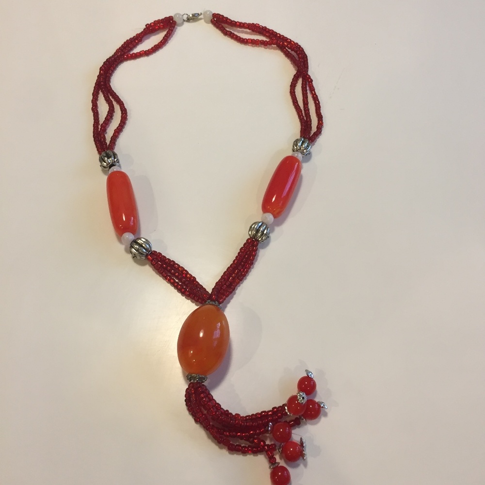 Red Large and Small Beaded Orange Bauble Necklace